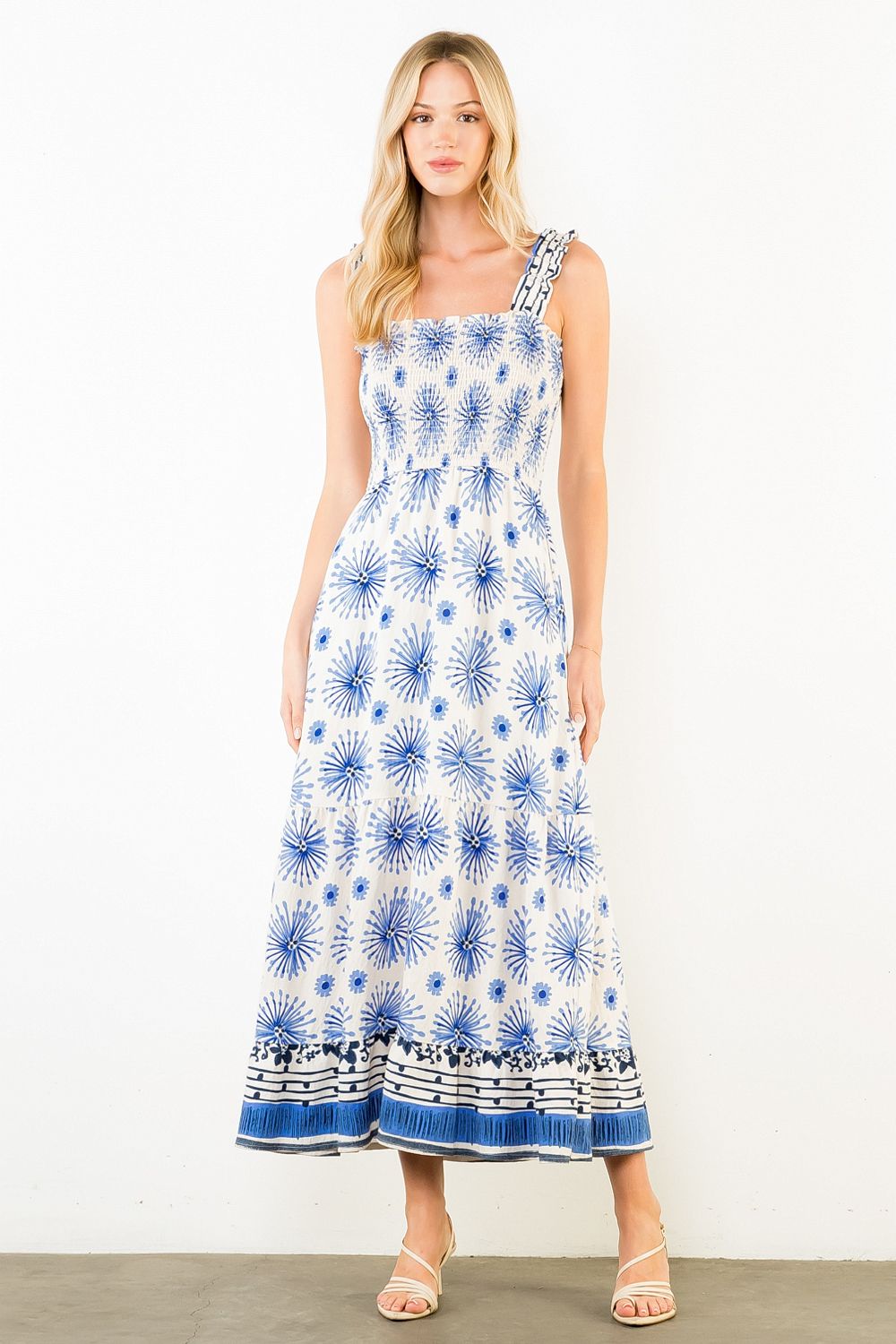 Ruffled Thin Strap Striped Tiered Midi Dress